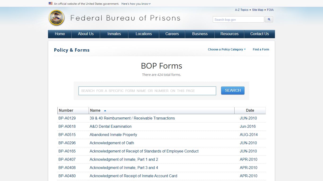 BOP Forms - Federal Bureau of Prisons